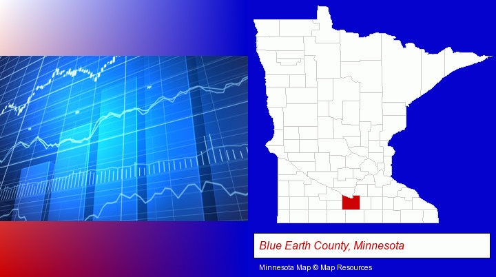 a financial chart; Blue Earth County, Minnesota highlighted in red on a map
