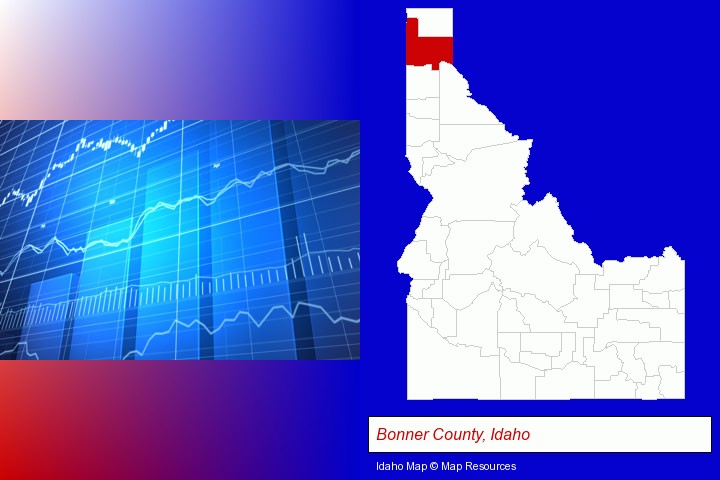 a financial chart; Bonner County, Idaho highlighted in red on a map