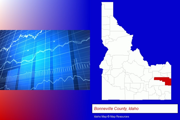 a financial chart; Bonneville County, Idaho highlighted in red on a map