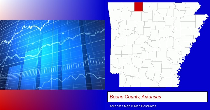 a financial chart; Boone County, Arkansas highlighted in red on a map