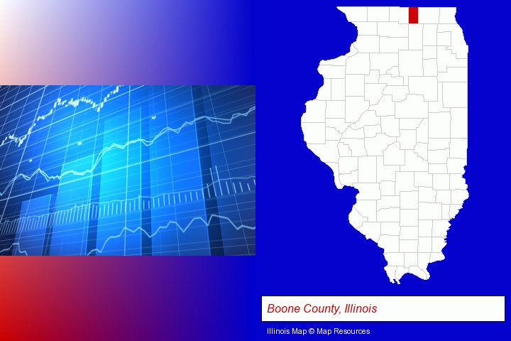 a financial chart; Boone County, Illinois highlighted in red on a map