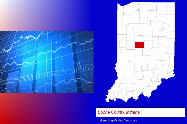 a financial chart; Boone County, Indiana highlighted in red on a map