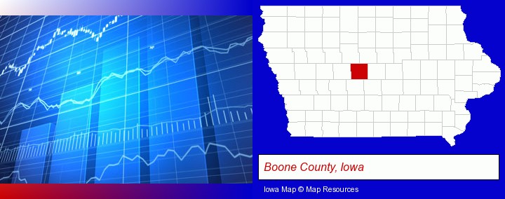 a financial chart; Boone County, Iowa highlighted in red on a map