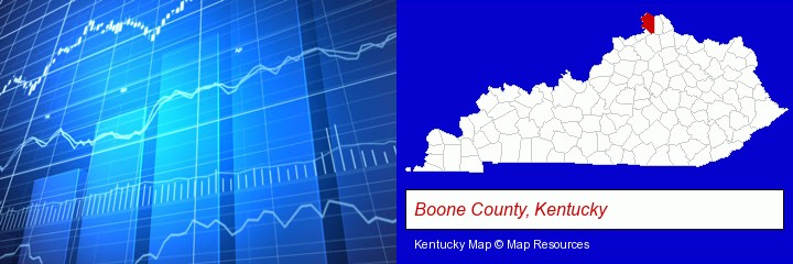 a financial chart; Boone County, Kentucky highlighted in red on a map