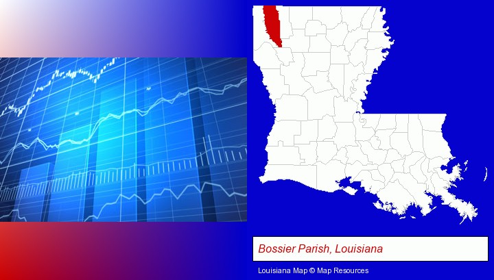 a financial chart; Bossier Parish, Louisiana highlighted in red on a map