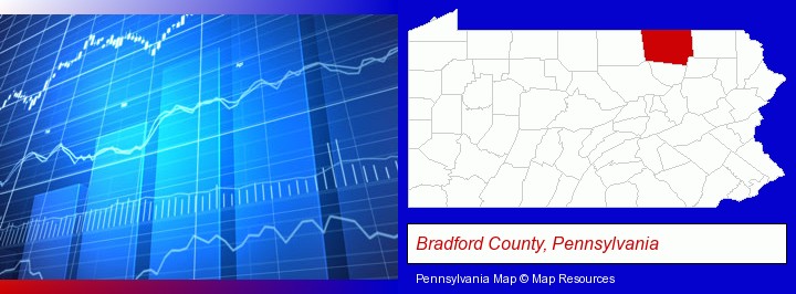 a financial chart; Bradford County, Pennsylvania highlighted in red on a map