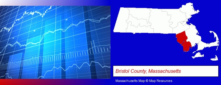a financial chart; Bristol County, Massachusetts highlighted in red on a map