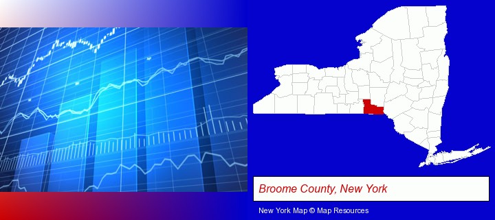 a financial chart; Broome County, New York highlighted in red on a map