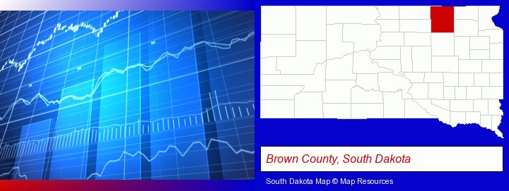 a financial chart; Brown County, South Dakota highlighted in red on a map