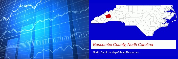 a financial chart; Buncombe County, North Carolina highlighted in red on a map