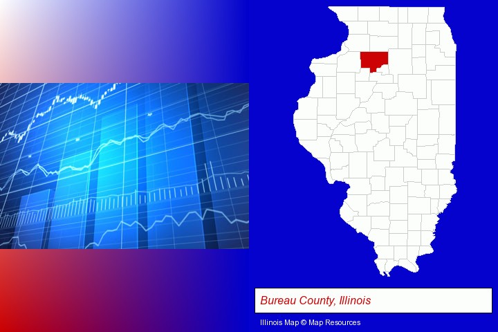 a financial chart; Bureau County, Illinois highlighted in red on a map