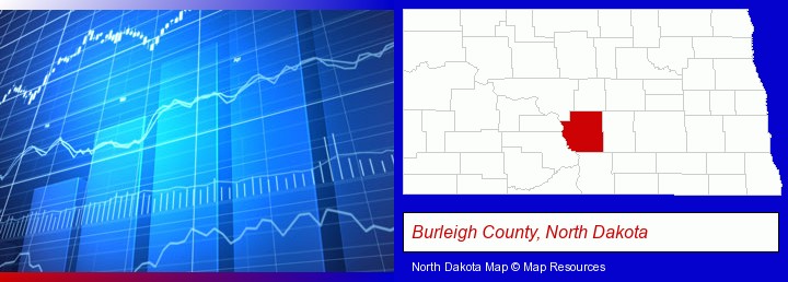 a financial chart; Burleigh County, North Dakota highlighted in red on a map