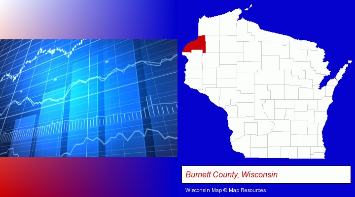 a financial chart; Burnett County, Wisconsin highlighted in red on a map