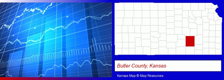 a financial chart; Butler County, Kansas highlighted in red on a map