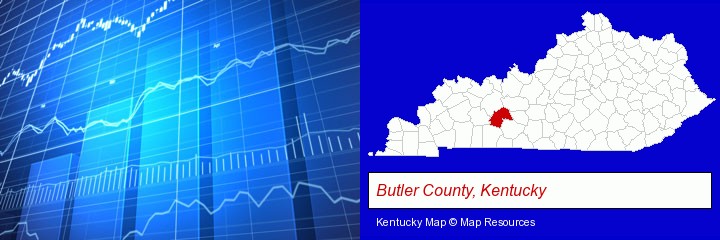 a financial chart; Butler County, Kentucky highlighted in red on a map