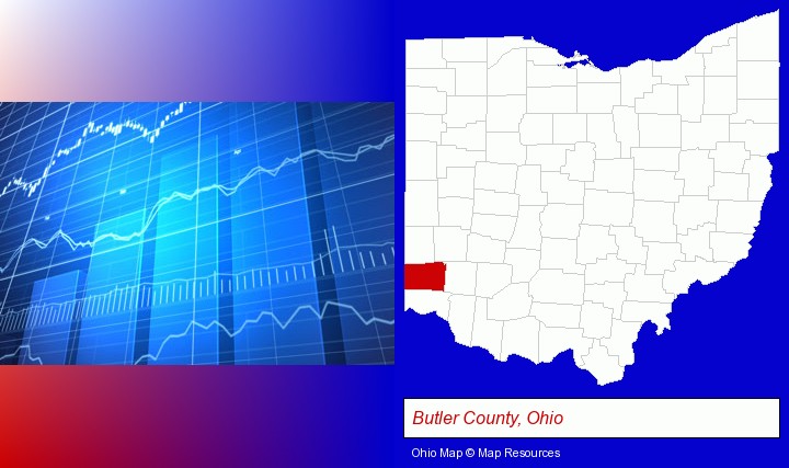 a financial chart; Butler County, Ohio highlighted in red on a map