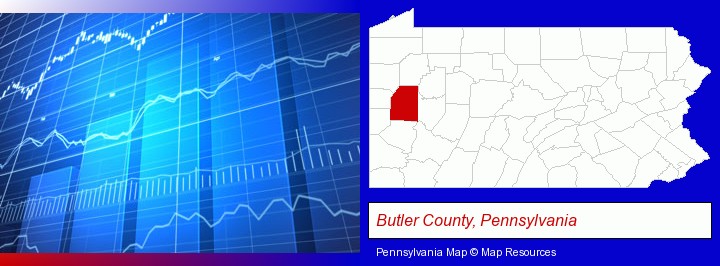 a financial chart; Butler County, Pennsylvania highlighted in red on a map