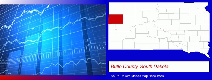 a financial chart; Butte County, South Dakota highlighted in red on a map
