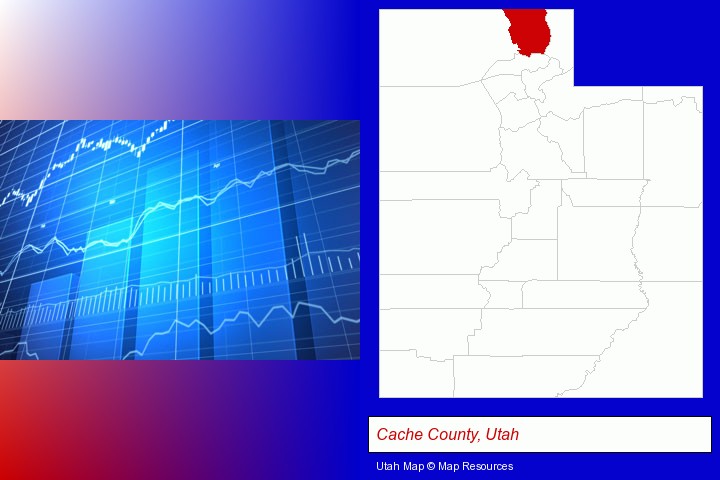 a financial chart; Cache County, Utah highlighted in red on a map