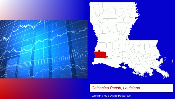 a financial chart; Calcasieu Parish, Louisiana highlighted in red on a map