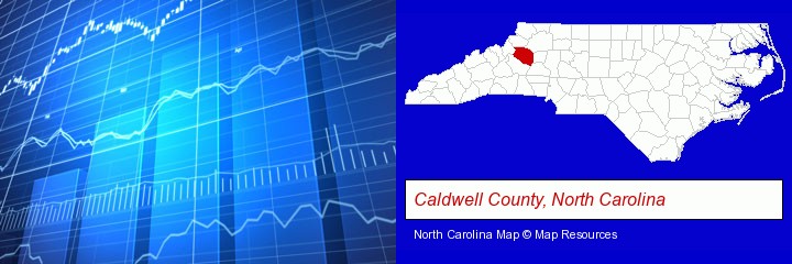 a financial chart; Caldwell County, North Carolina highlighted in red on a map