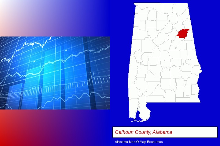 a financial chart; Calhoun County, Alabama highlighted in red on a map