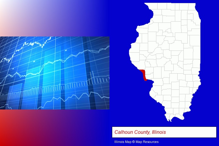 a financial chart; Calhoun County, Illinois highlighted in red on a map
