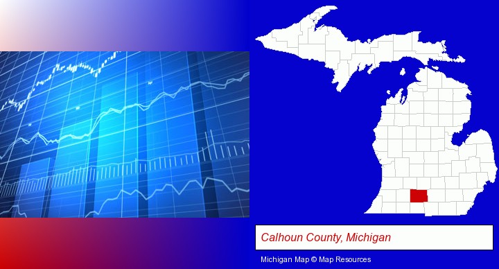 a financial chart; Calhoun County, Michigan highlighted in red on a map