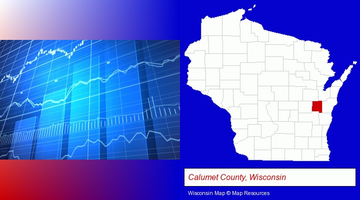 a financial chart; Calumet County, Wisconsin highlighted in red on a map