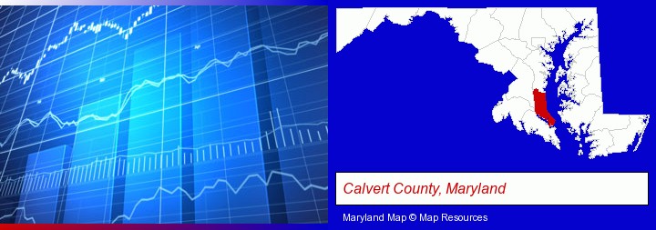 a financial chart; Calvert County, Maryland highlighted in red on a map