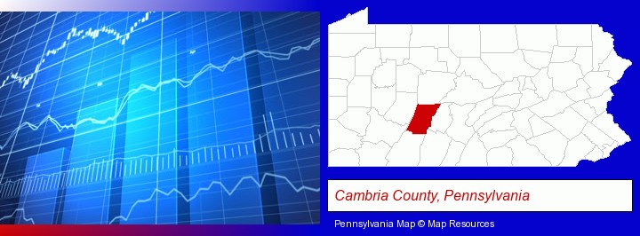 a financial chart; Cambria County, Pennsylvania highlighted in red on a map