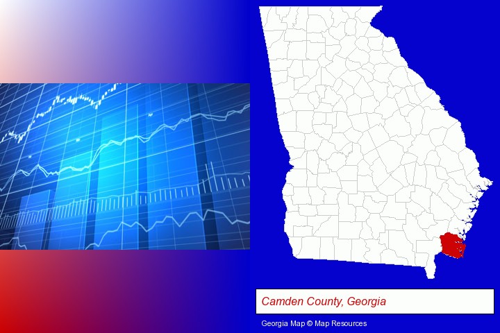 a financial chart; Camden County, Georgia highlighted in red on a map