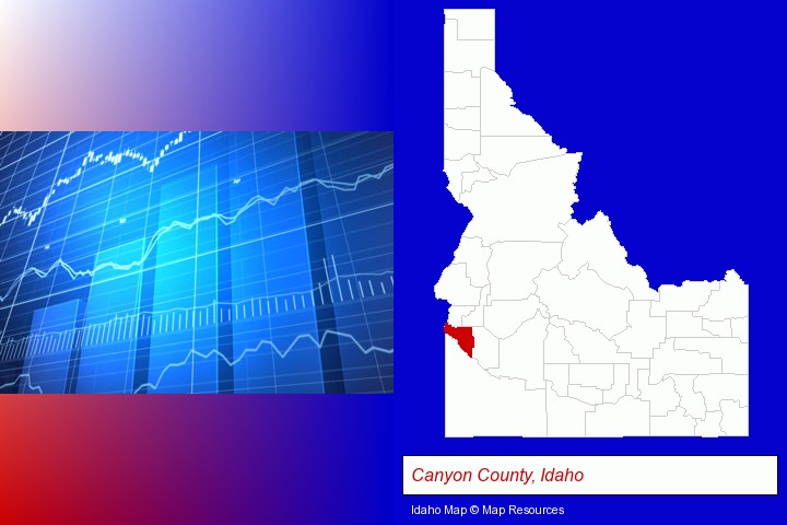 a financial chart; Canyon County, Idaho highlighted in red on a map