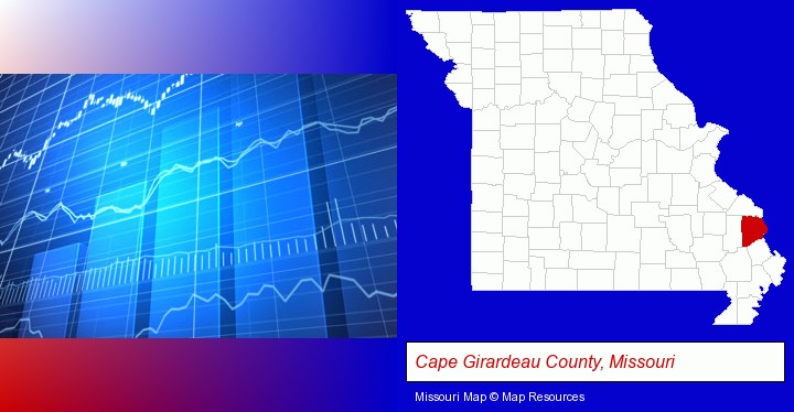 a financial chart; Cape Girardeau County, Missouri highlighted in red on a map