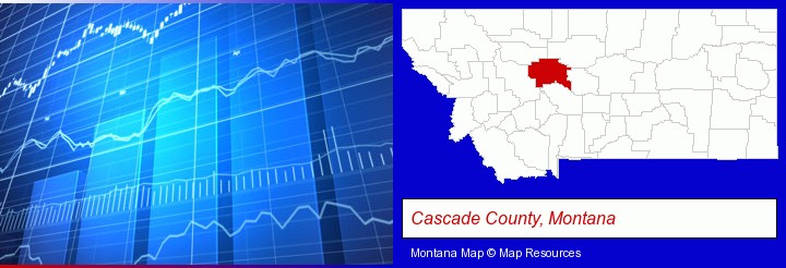 a financial chart; Cascade County, Montana highlighted in red on a map