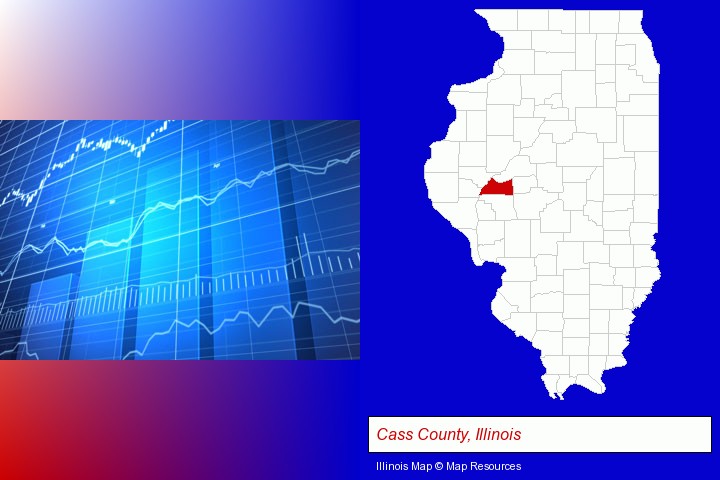 a financial chart; Cass County, Illinois highlighted in red on a map