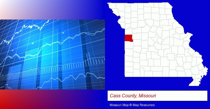 a financial chart; Cass County, Missouri highlighted in red on a map