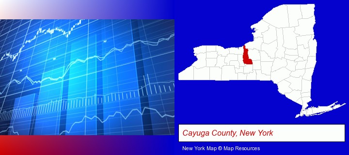 a financial chart; Cayuga County, New York highlighted in red on a map