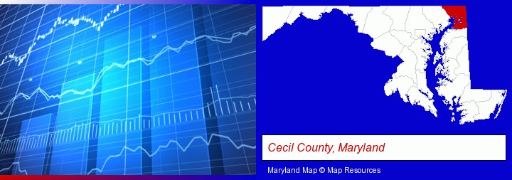 a financial chart; Cecil County, Maryland highlighted in red on a map