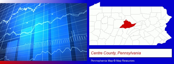 a financial chart; Centre County, Pennsylvania highlighted in red on a map