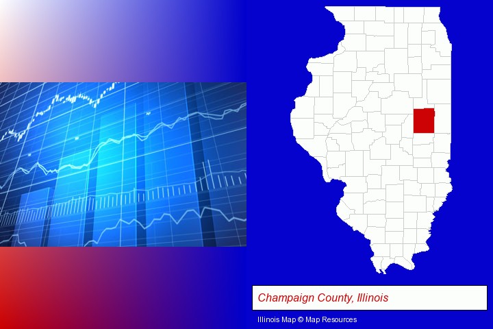 a financial chart; Champaign County, Illinois highlighted in red on a map