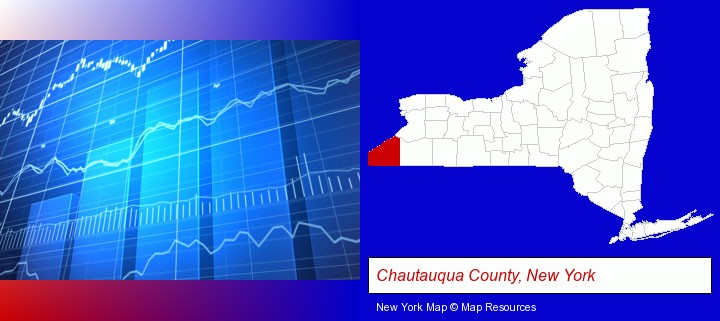 a financial chart; Chautauqua County, New York highlighted in red on a map