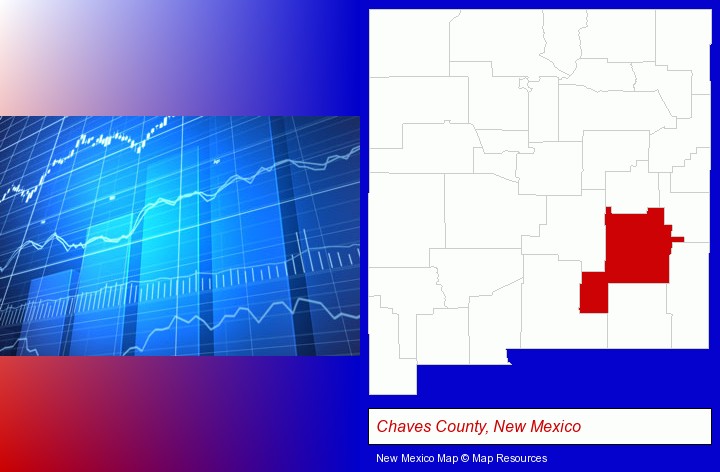 a financial chart; Chaves County, New Mexico highlighted in red on a map