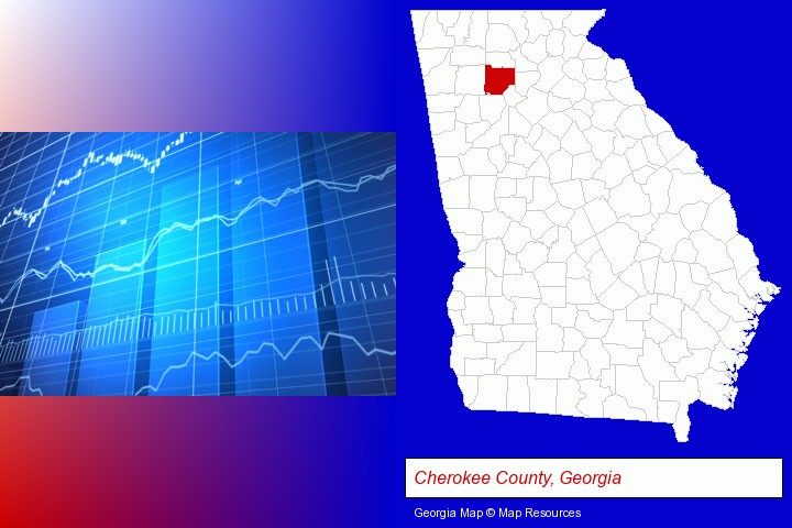 a financial chart; Cherokee County, Georgia highlighted in red on a map
