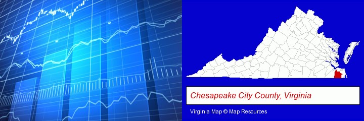 a financial chart; Chesapeake City County, Virginia highlighted in red on a map