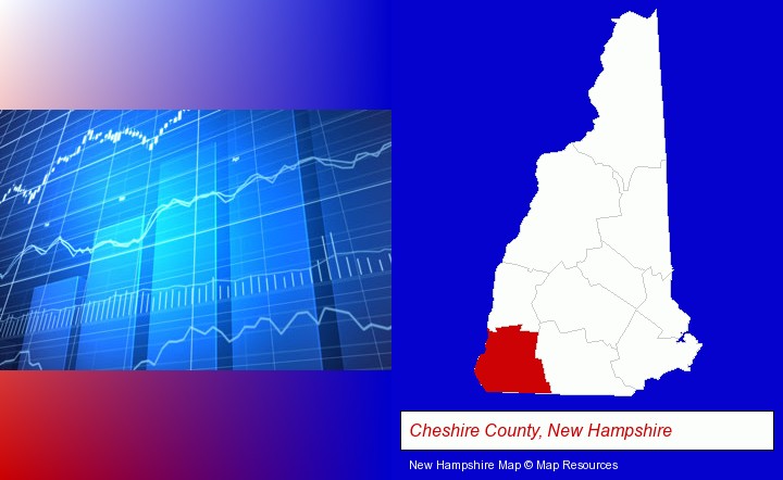 a financial chart; Cheshire County, New Hampshire highlighted in red on a map