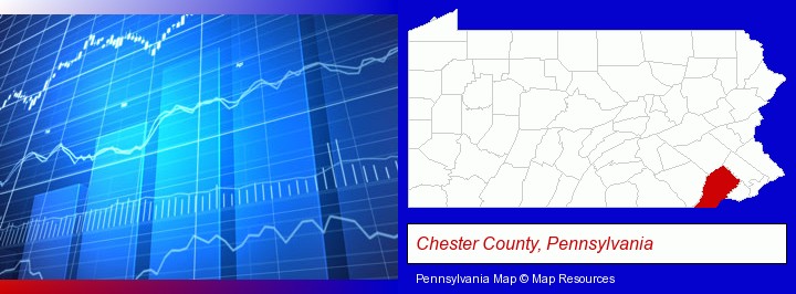 a financial chart; Chester County, Pennsylvania highlighted in red on a map