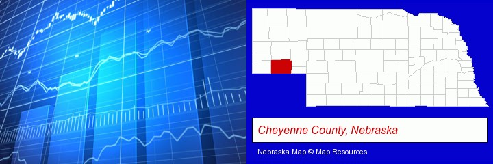a financial chart; Cheyenne County, Nebraska highlighted in red on a map