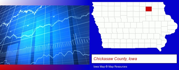 a financial chart; Chickasaw County, Iowa highlighted in red on a map