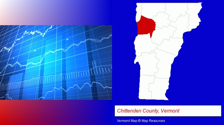 a financial chart; Chittenden County, Vermont highlighted in red on a map